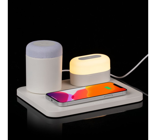 Станция беспроводной зарядки с колонкой и ночником Trilogy, белая