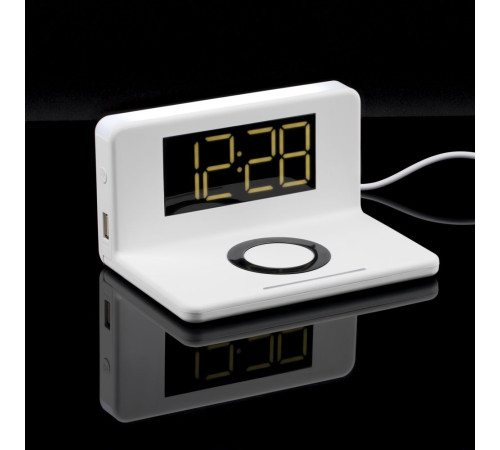 Часы настольные с беспроводным зарядным устройством Pitstop, белые