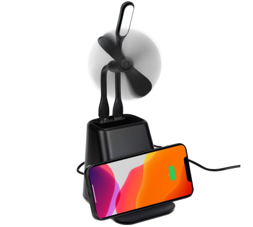 Настольный органайзер с зарядкой, лампой, вентилятором и подсветкой логотипа powerTower, черный