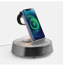 Bluetooth-колонка с беспроводной зарядкой и часами netEnergy, серая