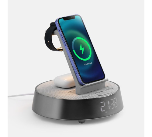 Bluetooth-колонка с беспроводной зарядкой и часами netEnergy, серая