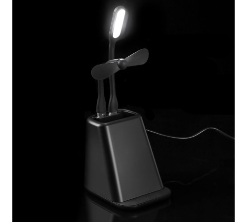 Настольный органайзер с зарядкой, лампой, вентилятором и подсветкой логотипа powerTower, черный