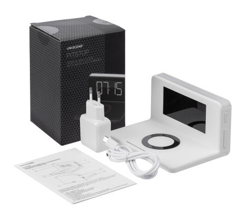 Часы настольные с беспроводным зарядным устройством Pitstop, белые