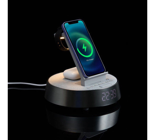 Bluetooth-колонка с беспроводной зарядкой и часами netEnergy, серая