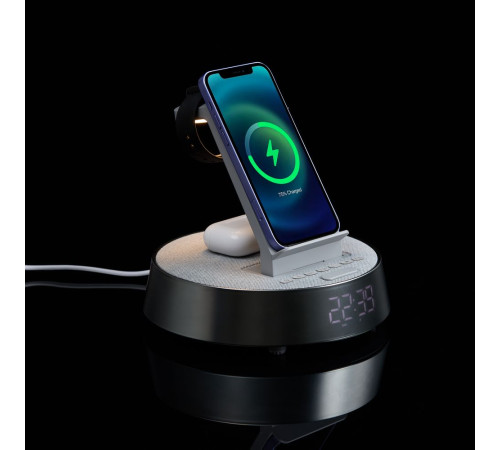 Bluetooth-колонка с беспроводной зарядкой и часами netEnergy, серая