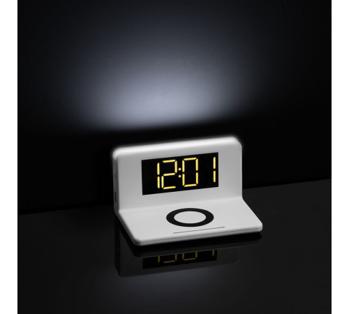 Часы настольные с беспроводным зарядным устройством Pitstop, белые