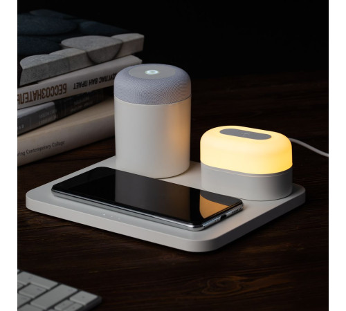 Станция беспроводной зарядки с колонкой и ночником Trilogy, белая