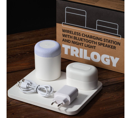 Станция беспроводной зарядки с колонкой и ночником Trilogy, белая