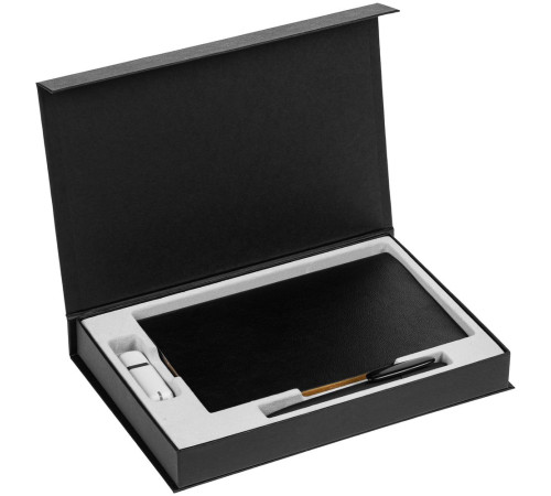 Коробка Silk с ложементом под ежедневник 13x21 см, флешку и ручку, ver. 2, черная