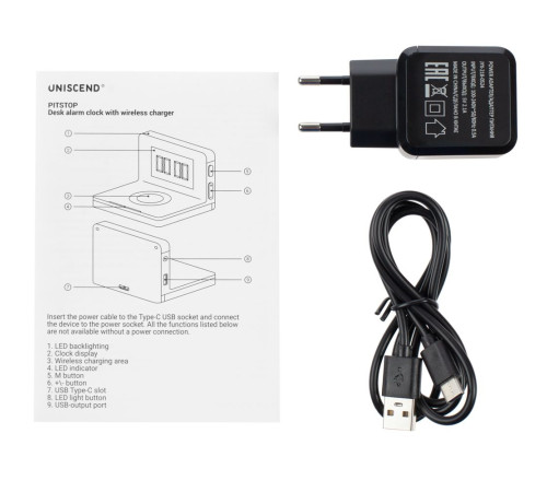 Часы настольные с беспроводным зарядным устройством Pitstop, черные