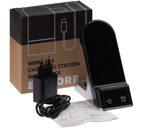 Зарядная станция с часами E-Store для смартфона, часов и наушников, черная