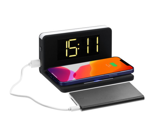 Часы настольные с беспроводным зарядным устройством Pitstop, черные