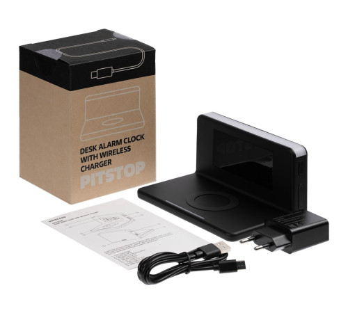Часы настольные с беспроводным зарядным устройством Pitstop, черные