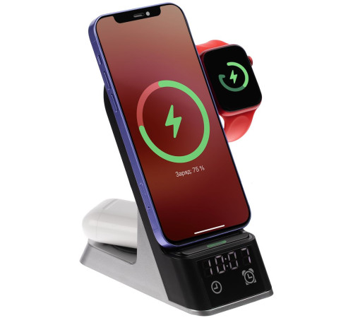 Зарядная станция с часами E-Store для смартфона, часов и наушников, черная